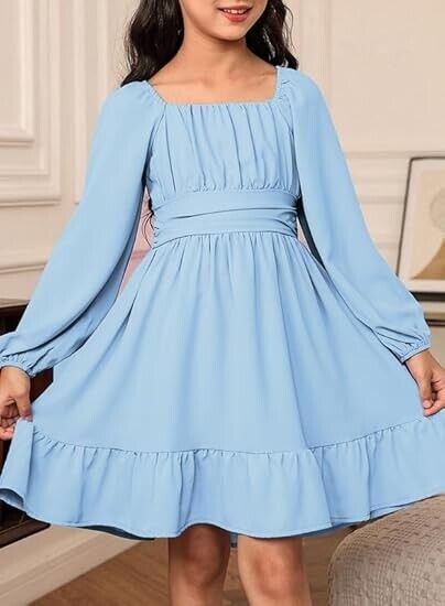 DOKOTOO KIDS Girls Long Sleeve Ruffle Hem Off Shoulder Square Neck Dress 8-9 Yrs