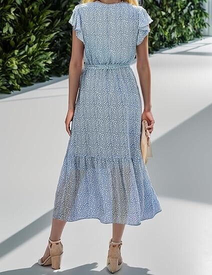 Cnlinkco Wedding Guest Dress Wrap V-Neck Ruffle Summer Dress, Blue Floral, S