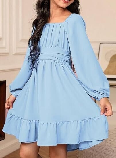 DOKOTOO KIDS Girls Long Sleeve Ruffle Hem Off Shoulder Square Neck Dress 8-9 Yrs