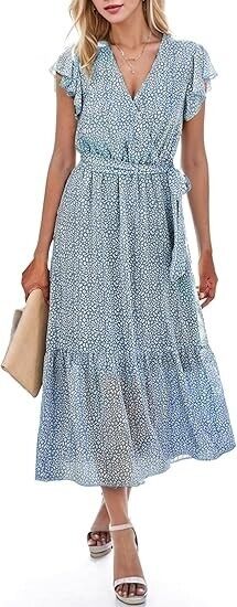 Cnlinkco Wedding Guest Dress Wrap V-Neck Ruffle Summer Dress, Blue Floral, S