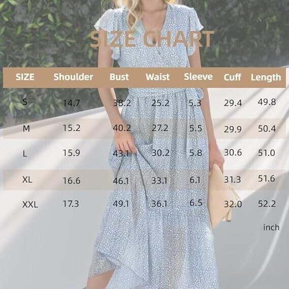 Cnlinkco Wedding Guest Dress Wrap V-Neck Ruffle Summer Dress, Blue Floral, S