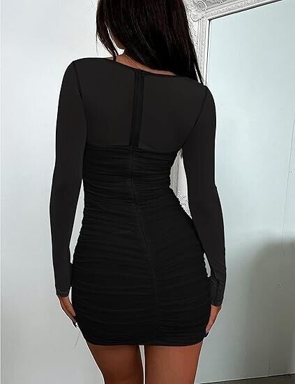 BORIFLORS Women's Sexy Ruched Bodycon Mini Dress Mesh Long Sleeve Dress, Black S