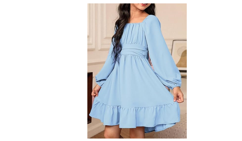 DOKOTOO KIDS Girls Long Sleeve Ruffle Hem Off Shoulder Dress Cute Square, 8-9 y