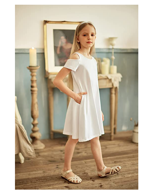 Arshiner Girls Summer Dress Short Sleeve Cold Shoulder Swing dress w Pockets 11Y