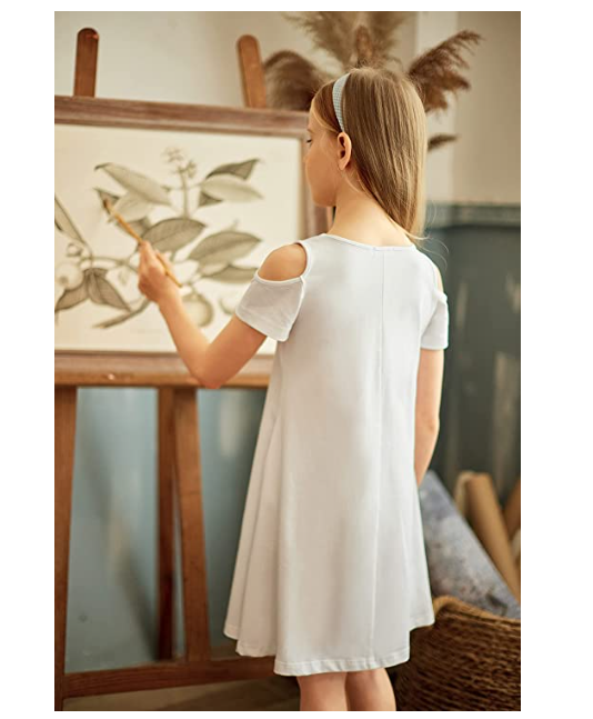 Arshiner Girls Summer Dress Short Sleeve Cold Shoulder Swing dress w Pockets 11Y