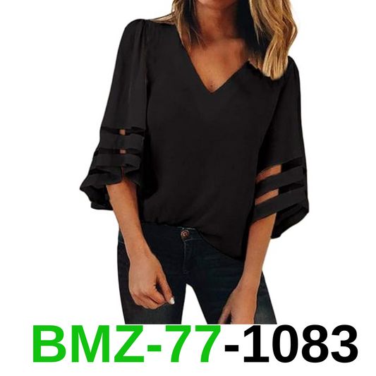 BLENCOT Womens 3/4 Bell Sleeve Fashion V Neck Lace Patchwork Blouse Casual, S