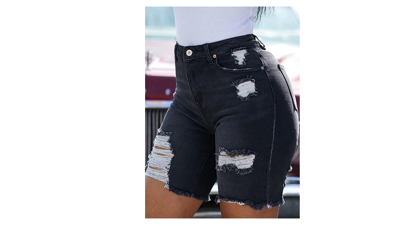 Utyful Women Denim Frayed Ripped Bermuda Shorts Distressed Knee Length Short, XL