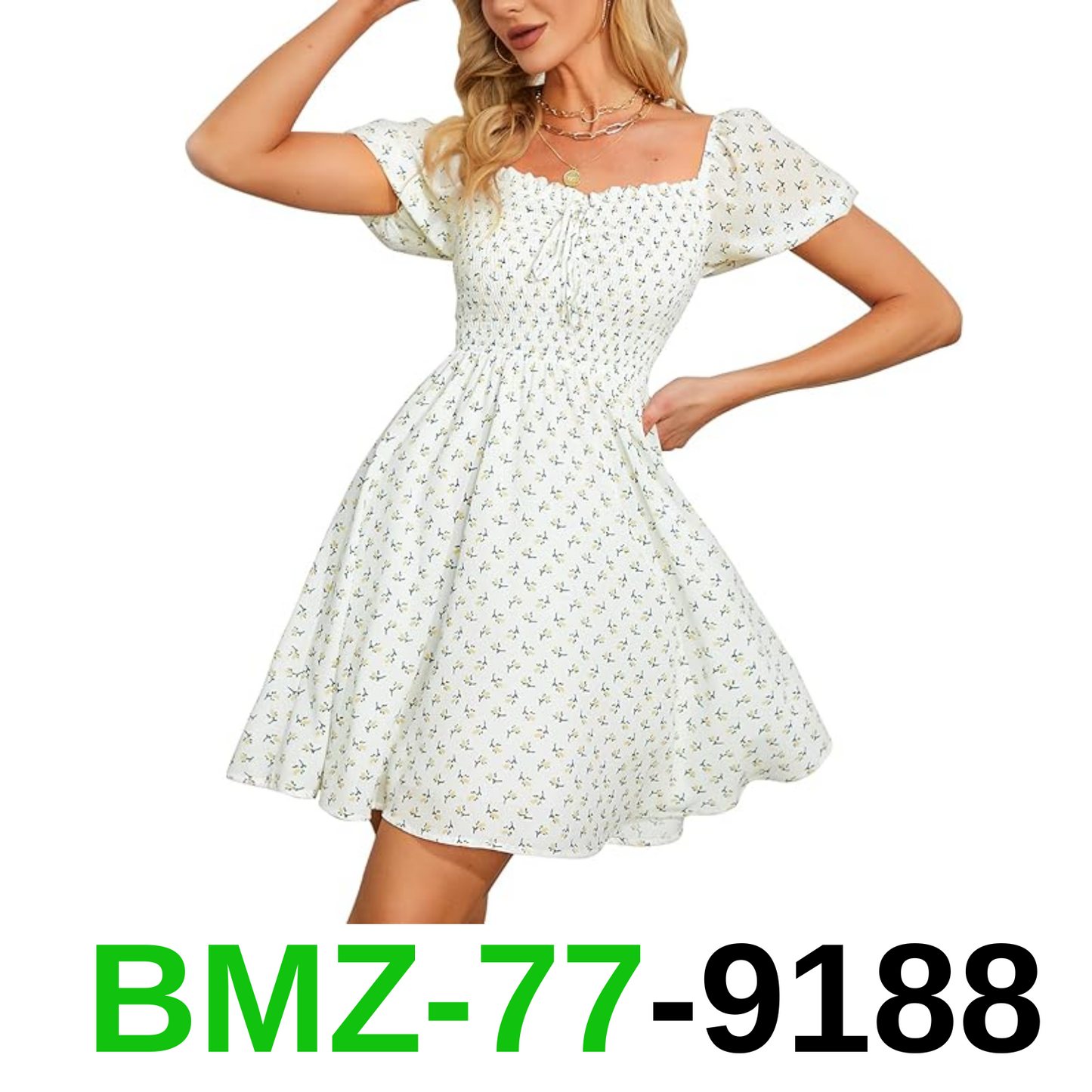 Byinns Women's Sweetheart Neckline Dress Smocked Sundress Puff Short Sleeve, XXL