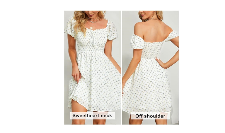 Byinns Women's Sweetheart Neckline Dress Smocked Sundress Puff Short Sleeve, XXL
