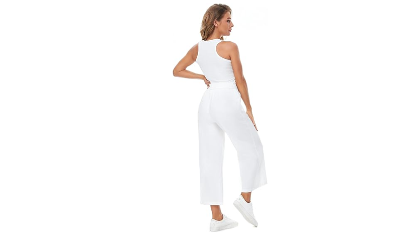 Womens Linen Pants Wide Leg High Waisted Drawstring Casual Flowy Pants, L