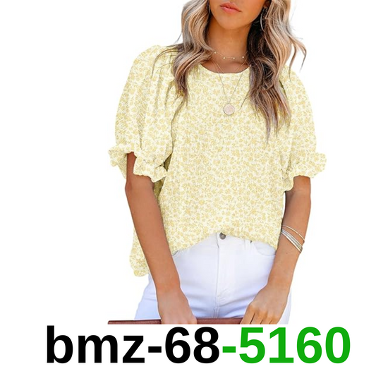 Dokotoo Summer Tops for Women Cute Floral Print Crewneck Smocked Puff Sleeve,XXL