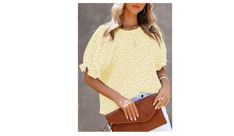 Dokotoo Summer Tops for Women Cute Floral Print Crewneck Smocked Puff Sleeve,XXL