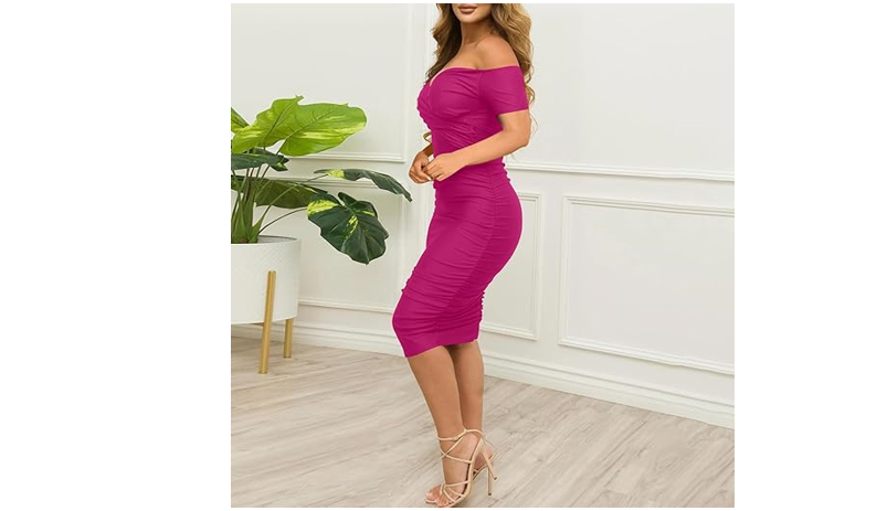 Ekaliy Women's Sexy Off The Shoulder Midi Dress Ruched Bodycon Dresses Rose, L