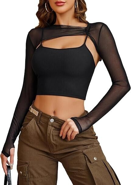 Avidlove Women Long Sleeve Crop Top See Through Sheer Blouse Sexy Outfit, Blk XS