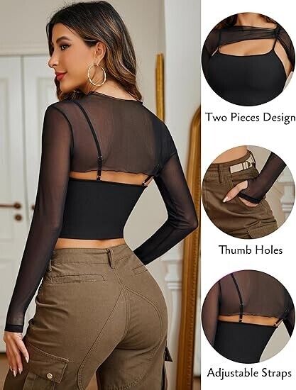 Avidlove Women Long Sleeve Crop Top See Through Sheer Blouse Sexy Outfit, Blk XS