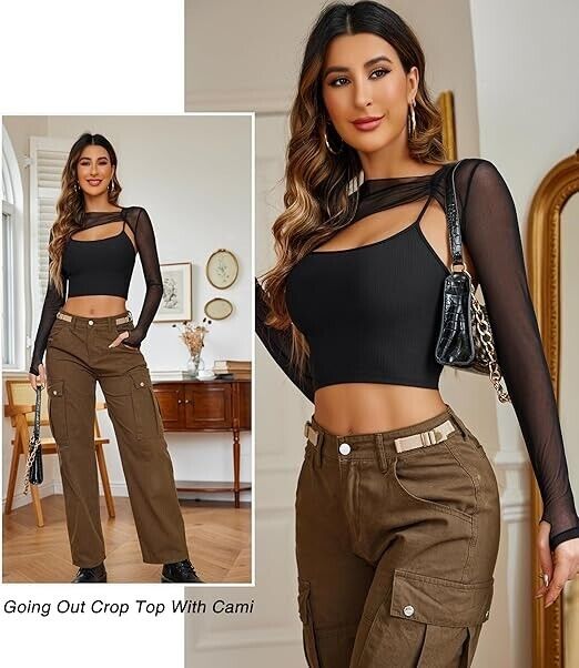 Avidlove Women Long Sleeve Crop Top See Through Sheer Blouse Sexy Outfit, Blk XS