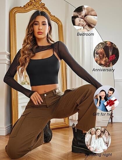 Avidlove Women Long Sleeve Crop Top See Through Sheer Blouse Sexy Outfit, Blk XS