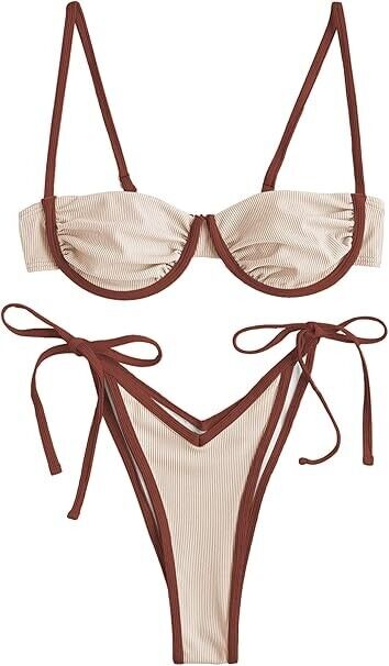 ZAFUL Women Underwire High Cut BikiniSet Tie Side Bottom 2pc Swimsuit Milk Tea S