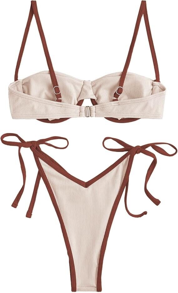 ZAFUL Women Underwire High Cut BikiniSet Tie Side Bottom 2pc Swimsuit Milk Tea S