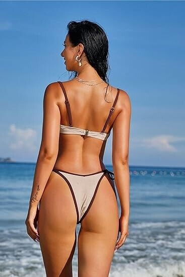 ZAFUL Women Underwire High Cut BikiniSet Tie Side Bottom 2pc Swimsuit Milk Tea S
