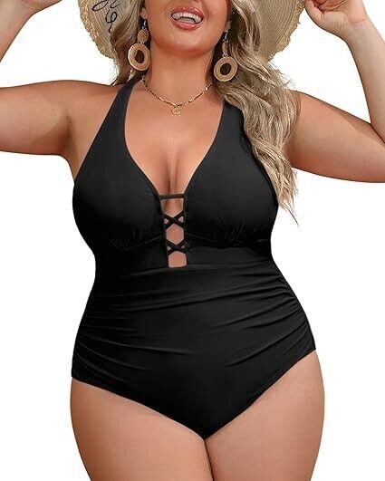 Yonique Women Plus Size One Piece Swimsuit Tummy Control Bathing Suit, Black 18W