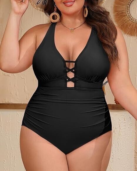 Yonique Women Plus Size One Piece Swimsuit Tummy Control Bathing Suit, Black 18W