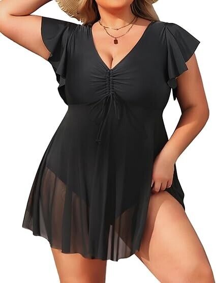 Yonique Plus Size One Piece Swimsuit for Women Tummy Control Swimdress Black 18W