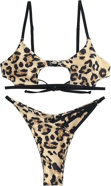 ZAFUL Womens Cutout Bikini Thong Bikini Set Animal Print Bathing Suit, Coffee, M
