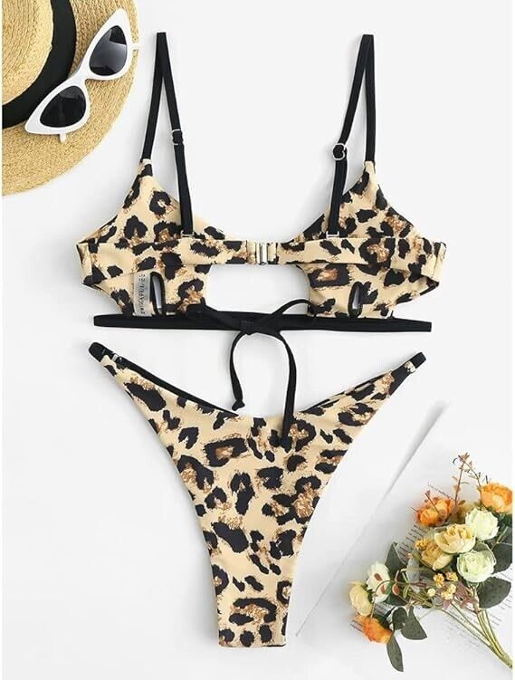 ZAFUL Womens Cutout Bikini Thong Bikini Set Animal Print Bathing Suit, Coffee, M