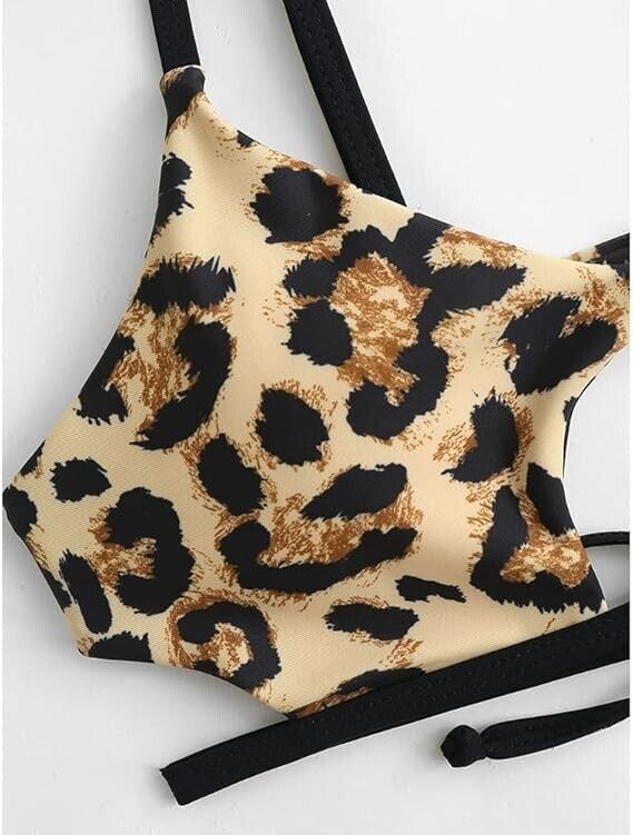 ZAFUL Womens Cutout Bikini Thong Bikini Set Animal Print Bathing Suit, Coffee, M