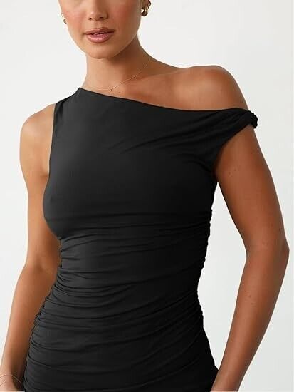 Ekaliy Women's Sexy Ruched Mini Bodycon Off Shoulder Sleeveless Dress, Black, M