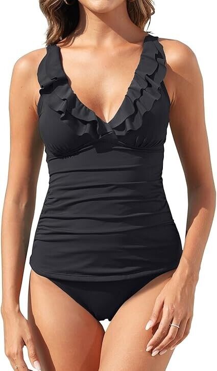 Yonique Women 2pc Swimsuit Ruffle Flounce Tankini Tummy Control Swimwear Black M