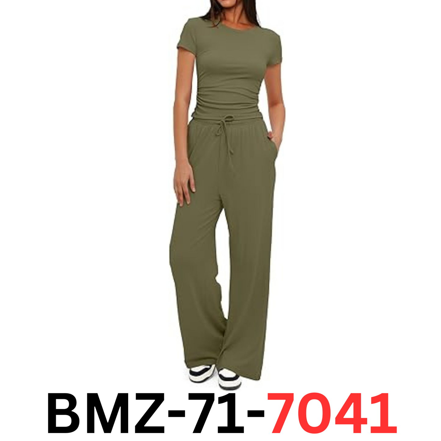 Darong Women Two Piece Outfit Short Sleeve Pullover Long Wide Pants Army Green S