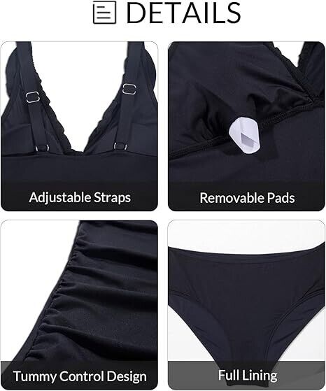 Yonique Women 2pc Swimsuit Ruffle Flounce Tankini Tummy Control Swimwear Black M