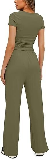 Darong Women Two Piece Outfit Short Sleeve Pullover Long Wide Pants Army Green S
