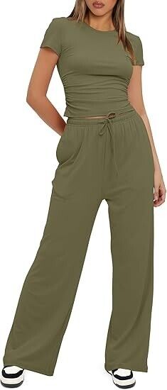 Darong Women Two Piece Outfit Short Sleeve Pullover Long Wide Pants Army Green S