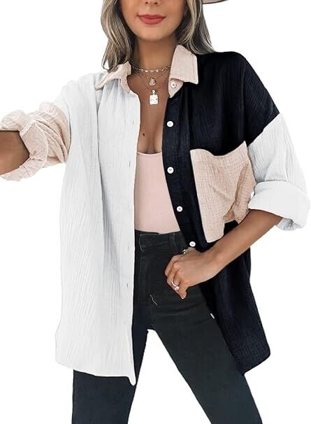Dokotoo Classic Color Block Button Up Shirts Comfy Roll Up Long Sleeve Blouse, L