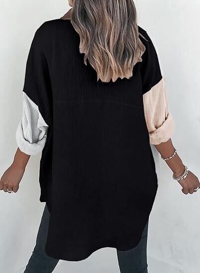 Dokotoo Classic Color Block Button Up Shirts Comfy Roll Up Long Sleeve Blouse, L