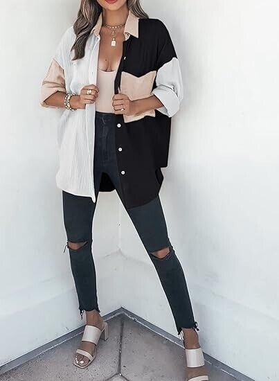 Dokotoo Classic Color Block Button Up Shirts Comfy Roll Up Long Sleeve Blouse, L