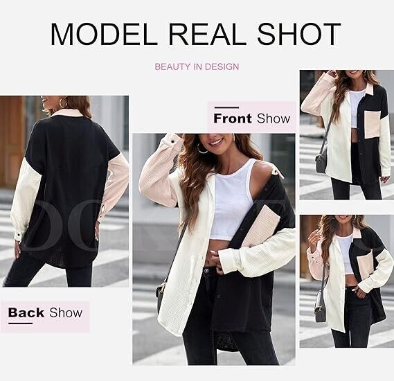Dokotoo Classic Color Block Button Up Shirts Comfy Roll Up Long Sleeve Blouse, L
