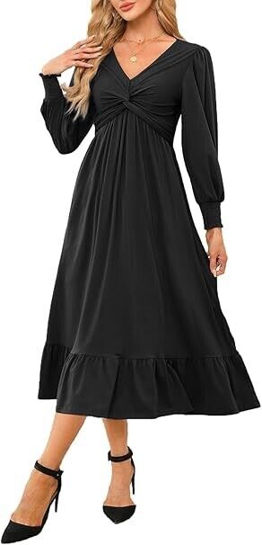 Dokotoo Wedding Guest Dresses Wrap V-Neck Long Sleeve Side Pocket Midi Dress, L
