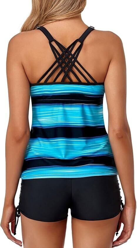 Yonique 2pc Tankini Swimsuit with Shorts Tummy Control Swimwear, Blue & Black L