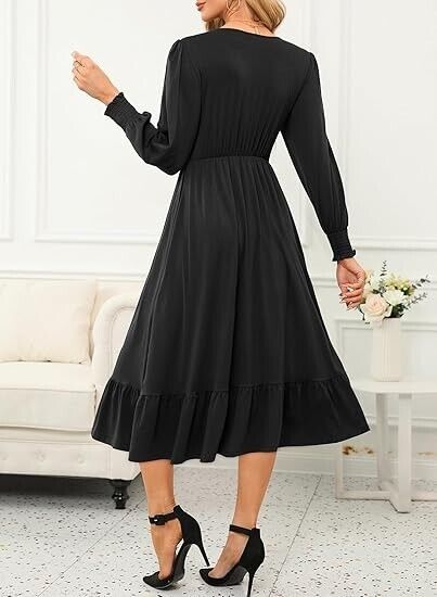 Dokotoo Wedding Guest Dresses Wrap V-Neck Long Sleeve Side Pocket Midi Dress, L