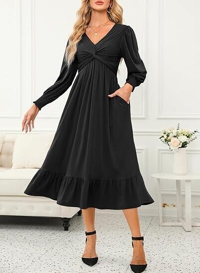 Dokotoo Wedding Guest Dresses Wrap V-Neck Long Sleeve Side Pocket Midi Dress, L