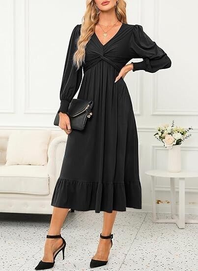 Dokotoo Wedding Guest Dresses Wrap V-Neck Long Sleeve Side Pocket Midi Dress, L