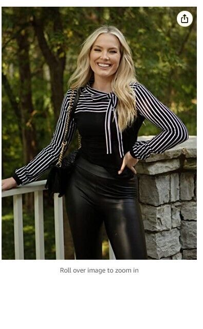 Zeagoo Women Long Slv Top Work Shirt Tie-Bow Neck Striped Blouse Splicing Shirt