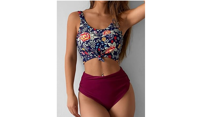 ZAFUL Women Knotted Front Tankini Set High Waisted Bikini Scoop Neck 2 Piece, XL