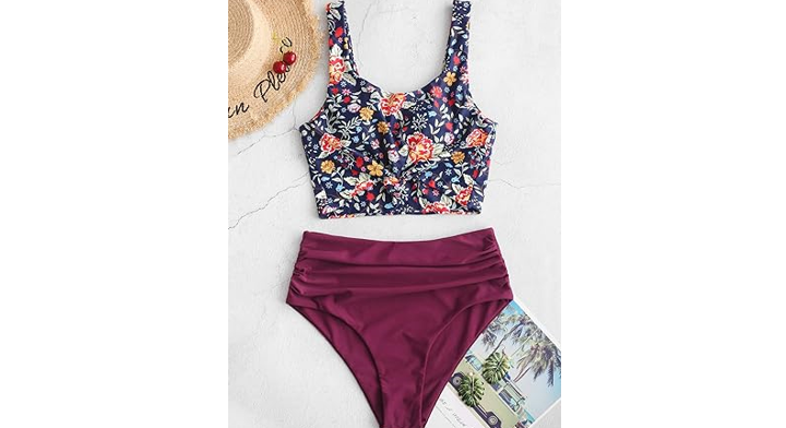 ZAFUL Women Knotted Front Tankini Set High Waisted Bikini Scoop Neck 2 Piece, XL