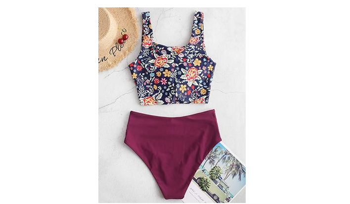 ZAFUL Women Knotted Front Tankini Set High Waisted Bikini Scoop Neck 2 Piece, XL