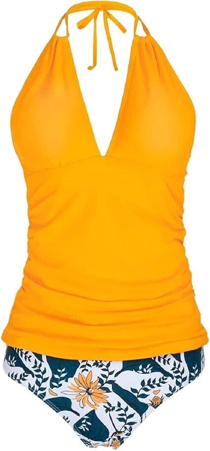 Yonique Women's Two Piece Swimsuits Tummy Control Tankini Halter Bathing Suit, L